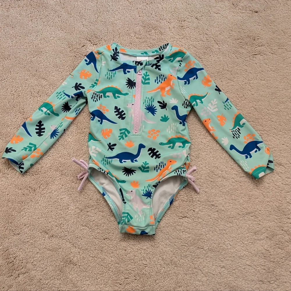 Cat & Jack Dinosaur Print Kids Swimwear - Rash Guard One Piece Swimsuit 2T